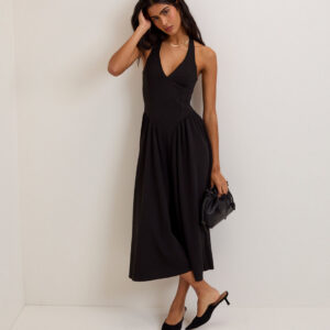 Black Jersey Drop Waist Neck Midaxi Dress