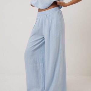 Light Blue Linen Blend High Waisted Wide Leg Trousers