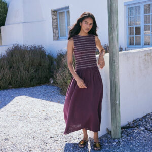 Purple Cotton Shirred Sleeveless Midaxi Dress