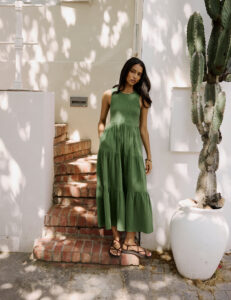 Green Cotton Tiered Shirred Sleeveless Midaxi Dress
