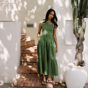 Green Cotton Tiered Shirred Sleeveless Midaxi Dress