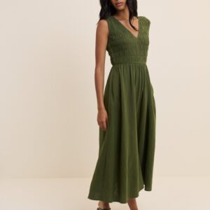 Blue Green Cotton Shirred Neck Midaxi Dress