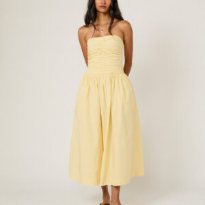 Yellow Cotton Shirred Elegant Midaxi Dress
