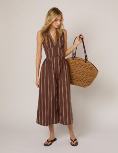 Brown Striped Cotton Button Front Midaxi Dress