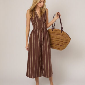 Brown Striped Cotton Button Front Midaxi Dress