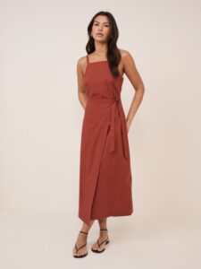 Red Cotton Wrap Square Neck Midaxi Dress
