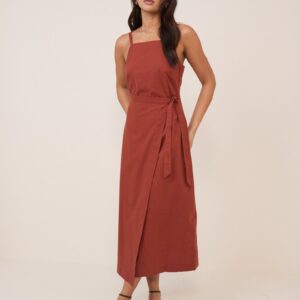 Red Cotton Wrap Square Neck Midaxi Dress