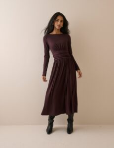 Brown Plum Floral Jersey Long Sleeve Midaxi Dress