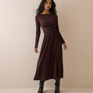 Brown Plum Floral Jersey Long Sleeve Midaxi Dress