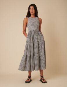 Black Printed Cotton Tiered Shirred Classic Midaxi Dress