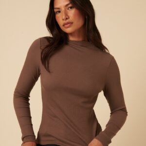 Brown Ribbed High Neck Long Sleeve Top