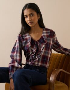 Red Checked Ruffle Trim Blouse