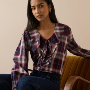 Red Checked Ruffle Trim Blouse