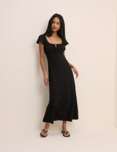 Black Cotton Shirred Square Neck Midi Dress