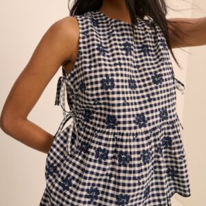 Navy Gingham Side Tie Swing Top