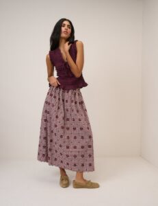 Burgundy Gingham Midi Lightweight Skirt