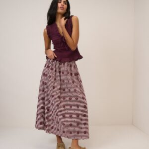 Burgundy Gingham Midi Lightweight Skirt