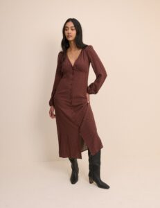 Brown Polka Dot Button Front Midaxi Dress