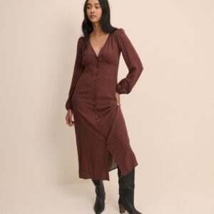 Brown Polka Dot Button Front Midaxi Dress