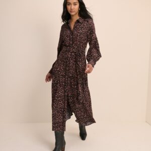 Brown Leopard Print Button Front Midaxi Dress