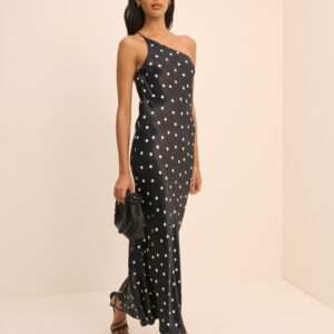 Black Polka Dot Satin Bias Cut Classic Midaxi Dress