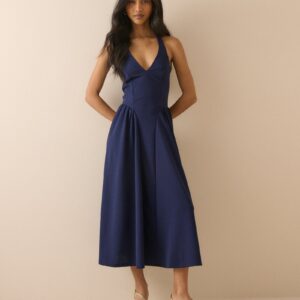 Navy Jersey Drop Waist Neck Midaxi Dress