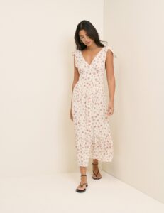 White Floral Tiered Neck Midi Dress