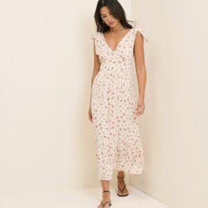 White Floral Tiered Neck Midi Dress