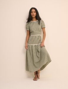 Green Printed Cotton Tiered Puff Sleeve Midi Dress