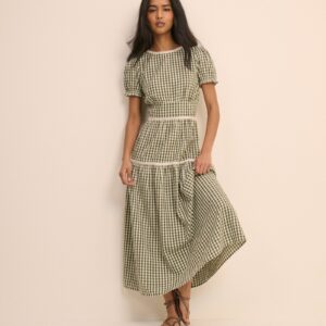 Green Printed Cotton Tiered Puff Sleeve Midi Dress