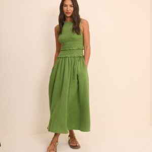 Green Cotton Shirred Sleeveless Ruffle Detail Midaxi Dress