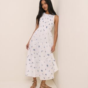 White Floral Cotton Tiered Shirred Midaxi Dress
