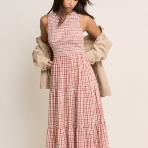 Red Pink Printed Cotton Tiered Midaxi Dress