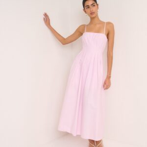 Pink Cotton Pleated Square Neck Midaxi Dress