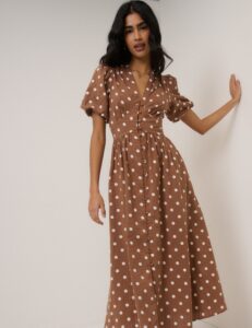 Brown Polka Dot Cotton Button Front Midaxi Dress