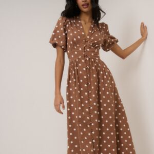 Brown Polka Dot Cotton Button Front Midaxi Dress