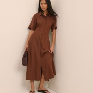 Brown Linen Button Front Shirred Midaxi Dress