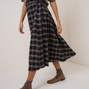 Navy Checked Tailored Midi Skirt