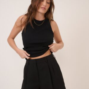 Black Crepe High Waisted Pleated Shorts