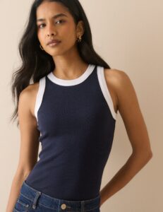 Navy Contrast Trim Ribbed Racer Vest Top