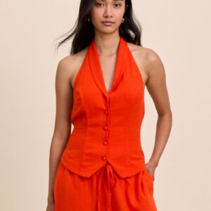Orange Moss Linen Blend Halterneck Waistcoat Top