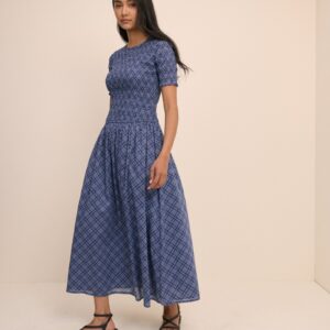 Blue Check Cotton Drop Waist Midaxi Dress