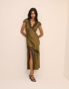 Green Satin Bias Cut Neck Midaxi Dress