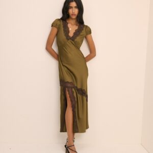 Green Satin Bias Cut Neck Midaxi Dress