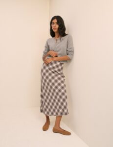 Brown Checked Slip Midi Skirt