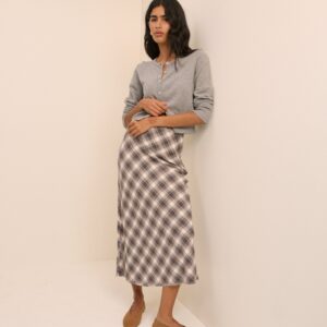 Brown Checked Slip Midi Skirt