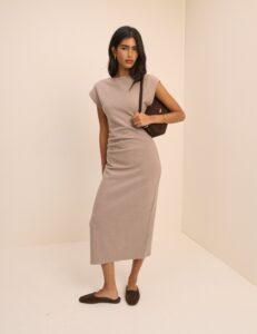 Beige Gray Cotton Pleated Short Sleeve Midaxi Dress
