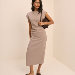 Beige Gray Cotton Pleated Short Sleeve Midaxi Dress
