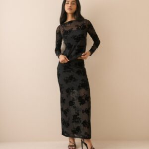 Black Floral Maxi Textured Skirt