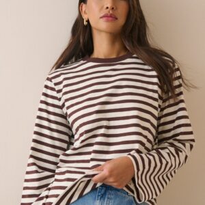 Brown Striped Wide Sleeve Jersey Top